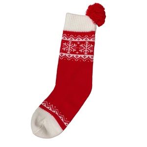 Vintage Hallmark Knitted Pom Pom Stocking Red & White Snowflakes Christmas